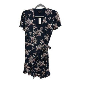 Banana Republic Navy Blue Leaf Print Short Sleeve Wrap Mini Dress